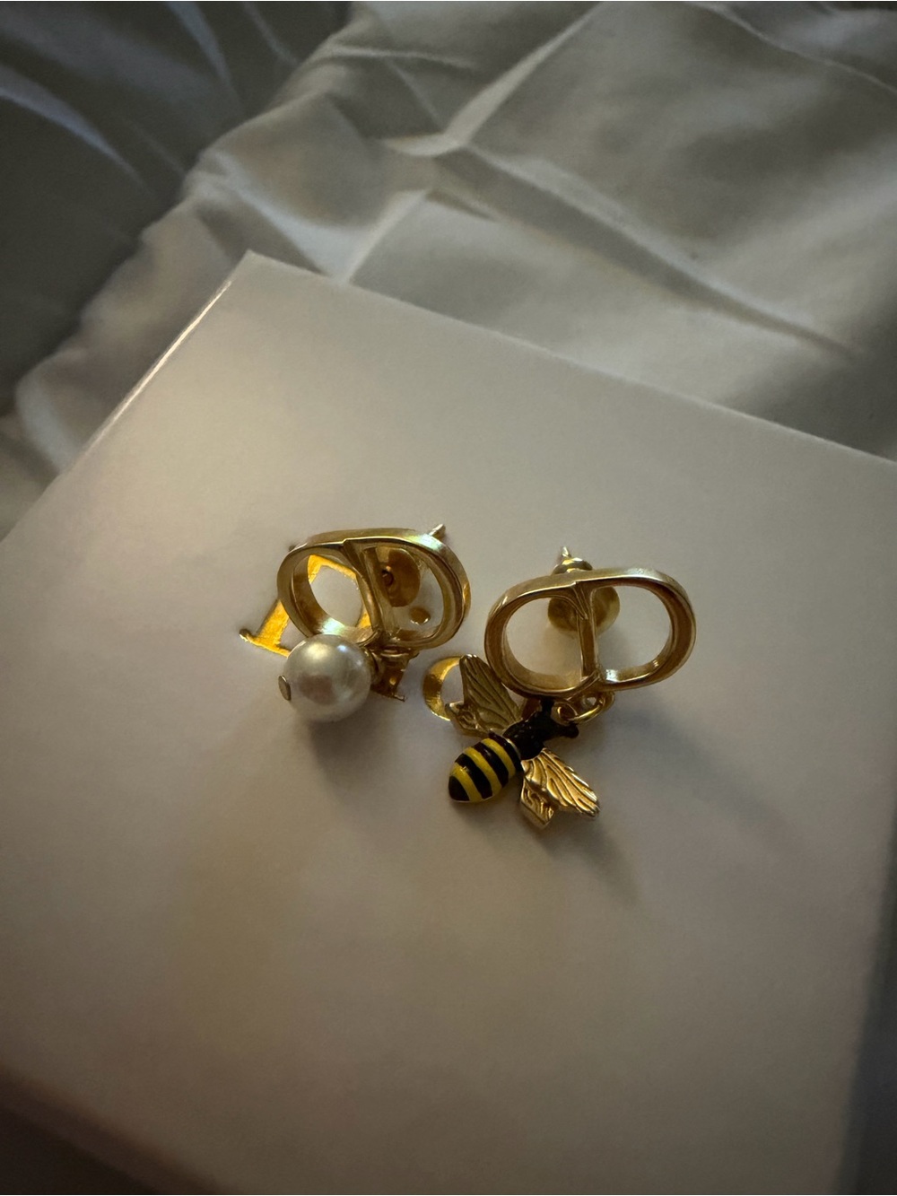 Dior Gold Bee and Pearl Drop Earrings - Black, Yellow, White